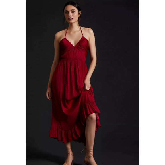 Anthropologie NWT Ruched Halter Midi Dress Satin Asymmetrical Hem Medium  Wine